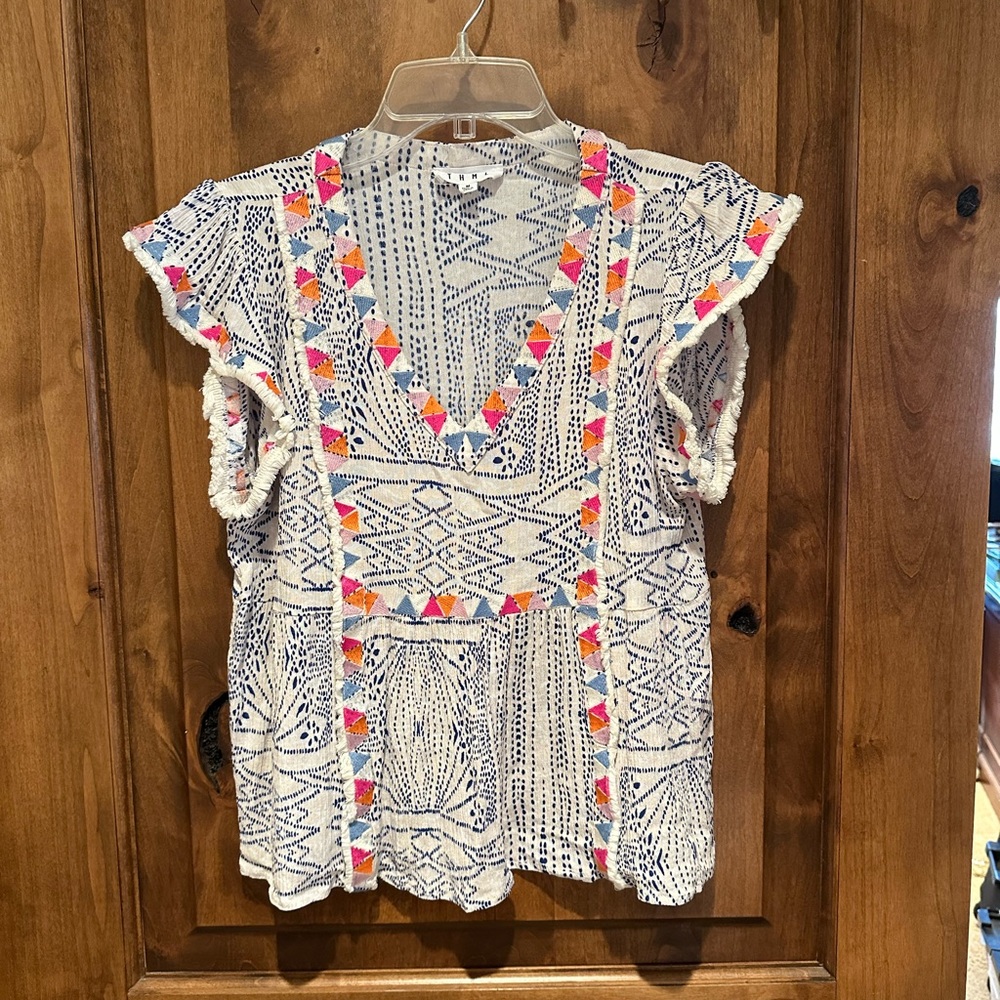 TMHL Boho Chic Patterned Top with Fringe Sleeves Size M